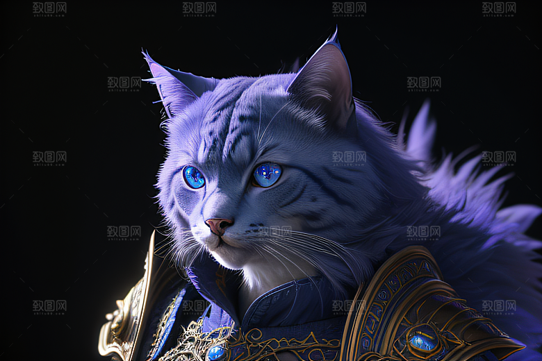 细节盔甲猫王法师蓝眼神秘魔法