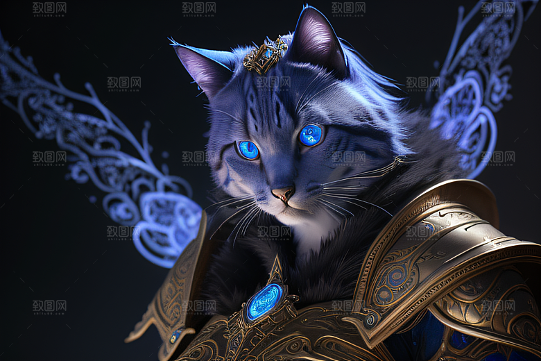 细节盔甲猫王法师蓝眼神秘魔法