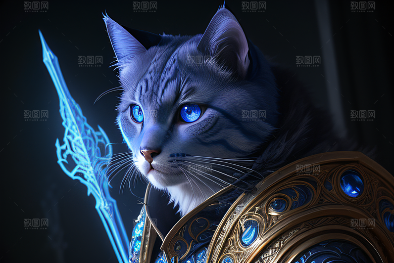 细节盔甲猫王法师蓝眼神秘魔法