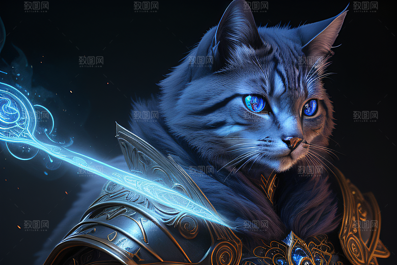 蓝眼神秘法师猫王外貌华丽盔甲