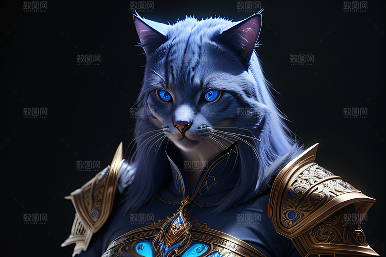 蓝眼神秘法师猫王外貌华丽盔甲
