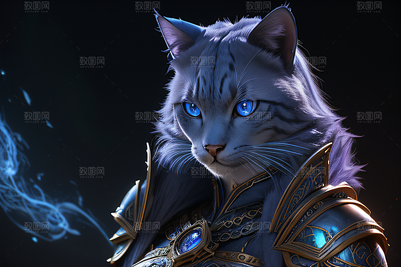 神秘猫法师蓝眼威严盔甲璀璨光影