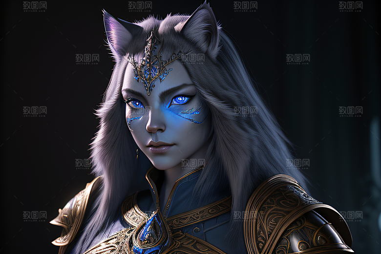 神秘猫法师蓝眼威严盔甲璀璨光影
