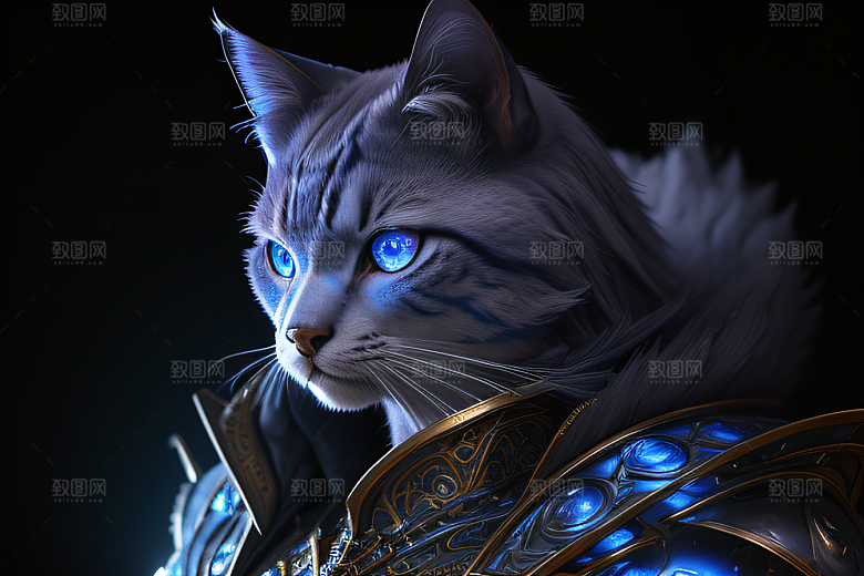 神秘猫法师蓝眼威严盔甲璀璨光影