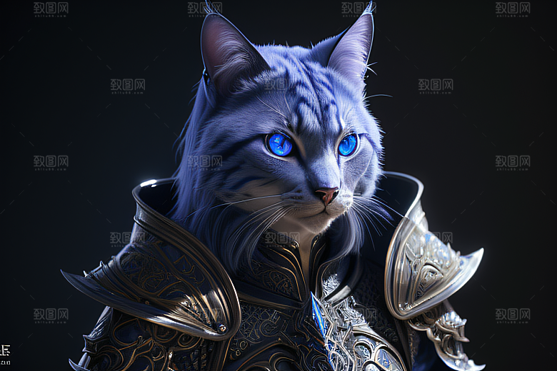 神秘猫法师蓝眼威严盔甲璀璨光影