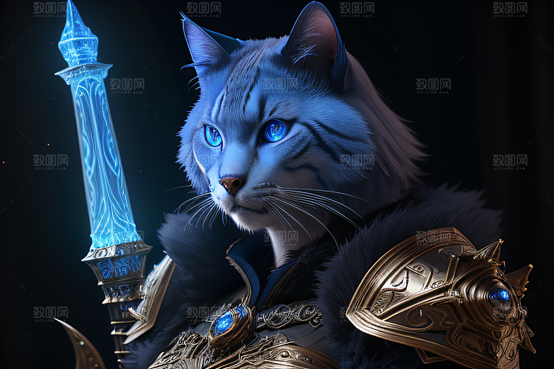 神秘猫法师蓝眼威严盔甲璀璨光影