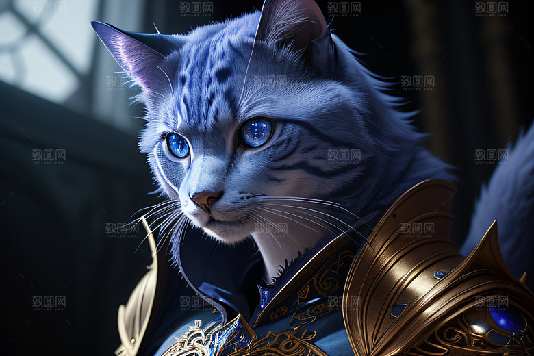 神秘猫法师蓝眼威严盔甲璀璨光影
