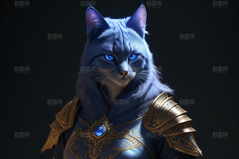 神秘猫法师蓝眼威严盔甲璀璨光影