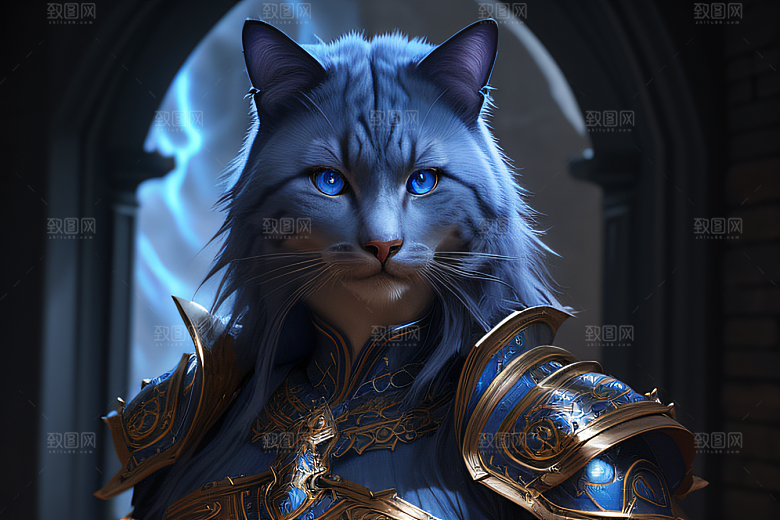 神秘猫法师蓝眼威严盔甲璀璨光影