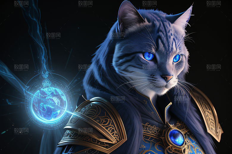 神秘猫法师蓝眼威严盔甲璀璨光影