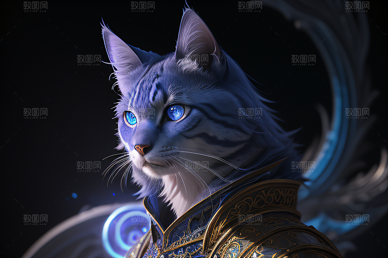 猫王魔法师蓝眼华丽盔甲璀璨光影