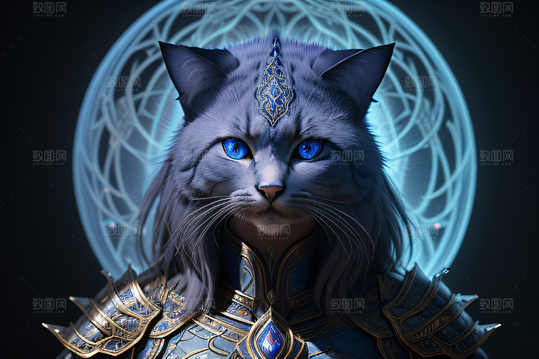 猫王魔法师蓝眼华丽盔甲璀璨光影