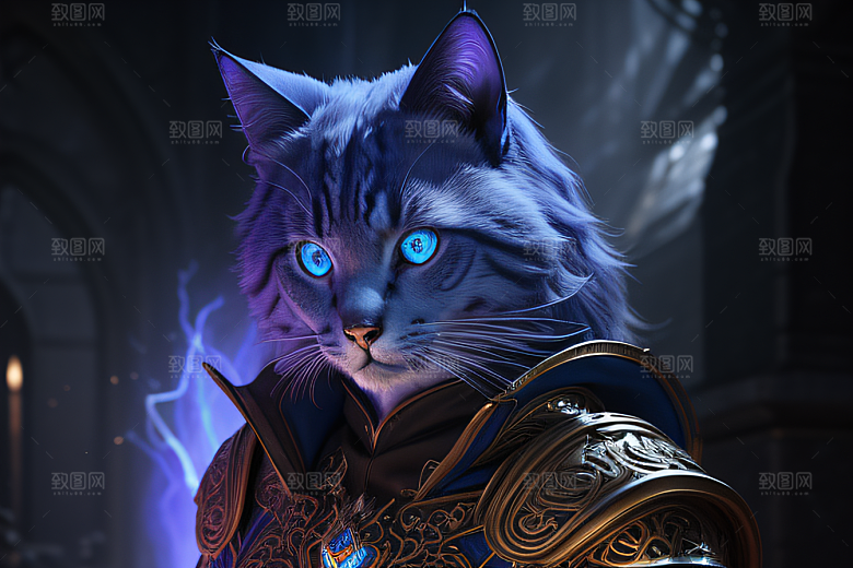 猫王魔法师蓝眼华丽盔甲璀璨光影