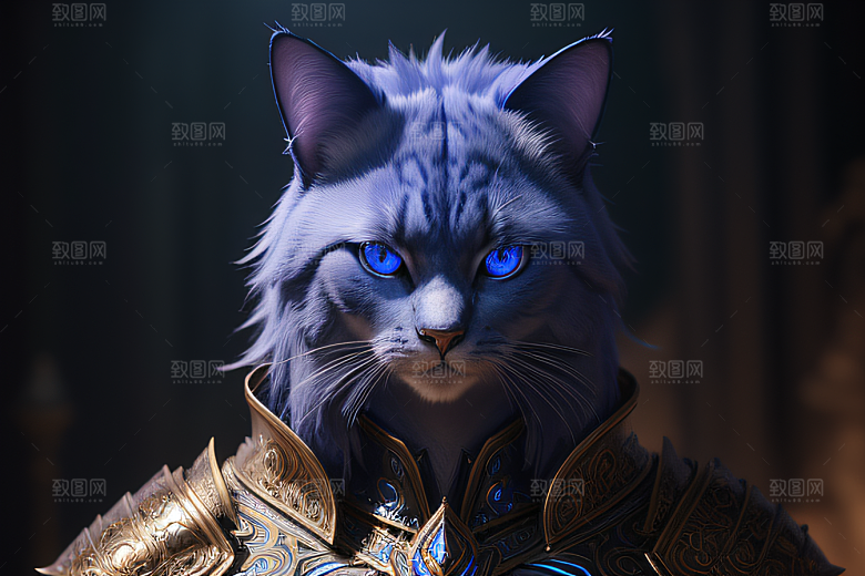 猫王魔法师蓝眼华丽盔甲璀璨光影