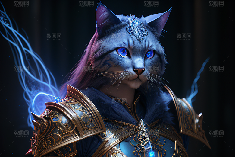 猫王魔法师蓝眼华丽盔甲璀璨光影