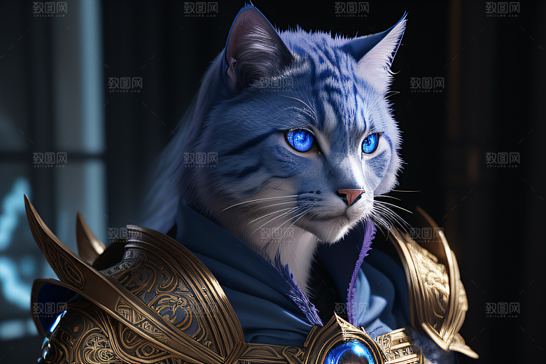 猫王魔法师蓝眼华丽盔甲璀璨光影