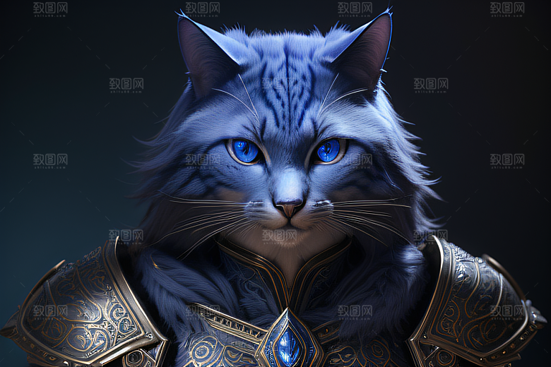 细节盔甲猫王法师蓝眼神秘魔法