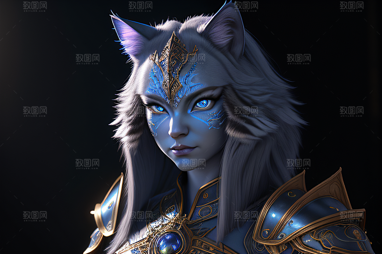 细节盔甲猫王法师蓝眼神秘魔法