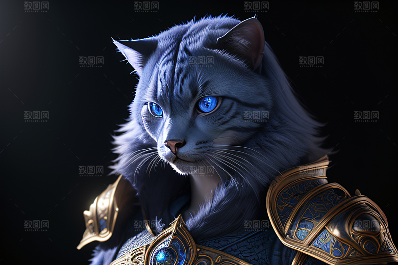 细节盔甲猫王法师蓝眼神秘魔法