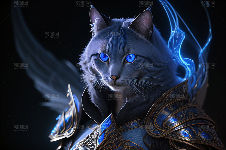 细节盔甲猫王法师蓝眼神秘魔法