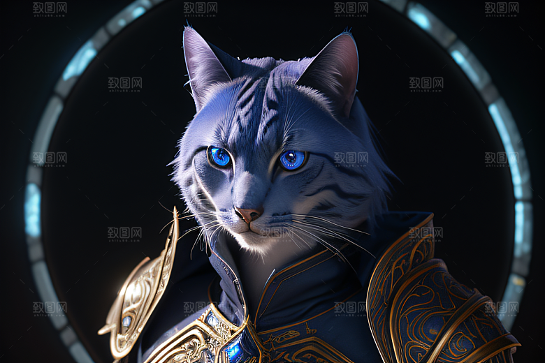 细节盔甲猫王法师蓝眼神秘魔法