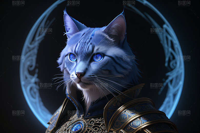 细节盔甲猫王法师蓝眼神秘魔法