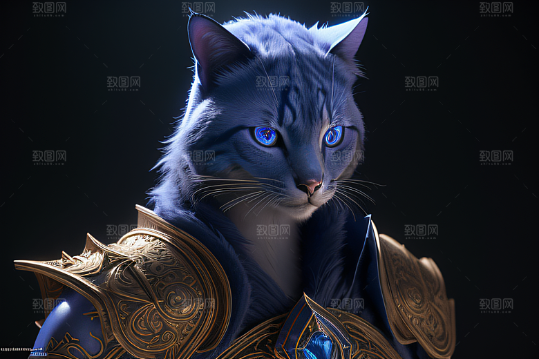细节盔甲猫王法师蓝眼神秘魔法