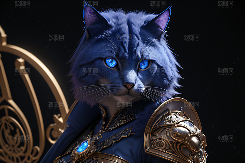 细节盔甲猫王法师蓝眼神秘魔法
