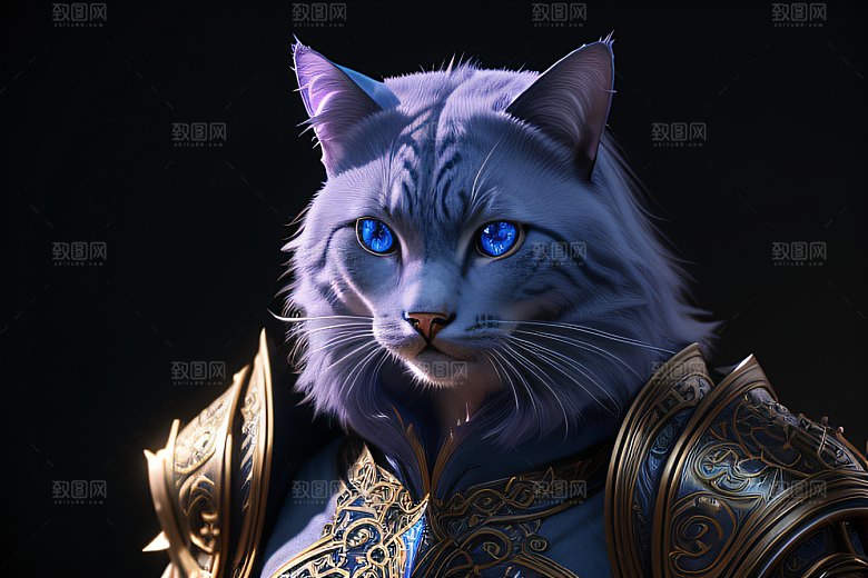 细节盔甲猫王法师蓝眼神秘魔法