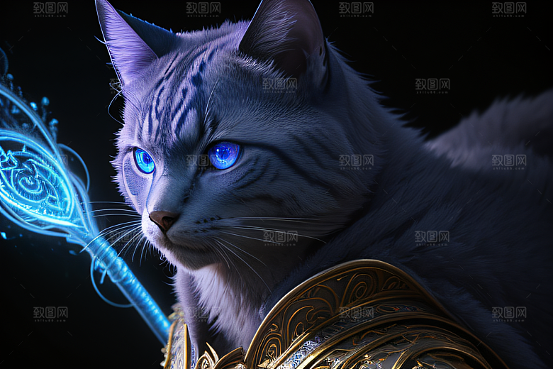 细节盔甲猫王法师蓝眼神秘魔法