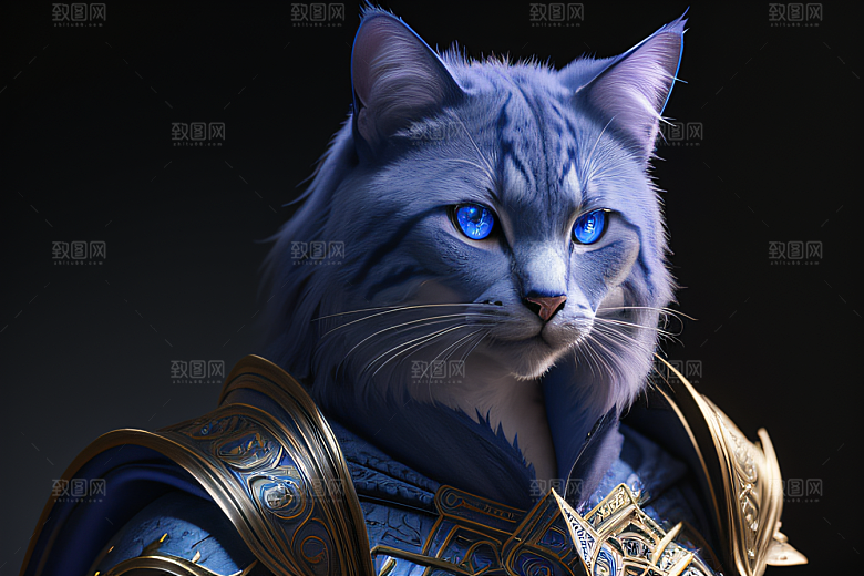 细节盔甲猫王法师蓝眼神秘魔法