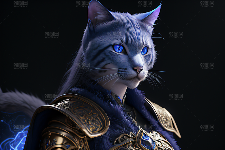 细节盔甲猫王法师蓝眼神秘魔法