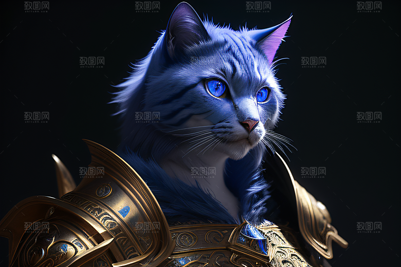 细节盔甲猫王法师蓝眼神秘魔法