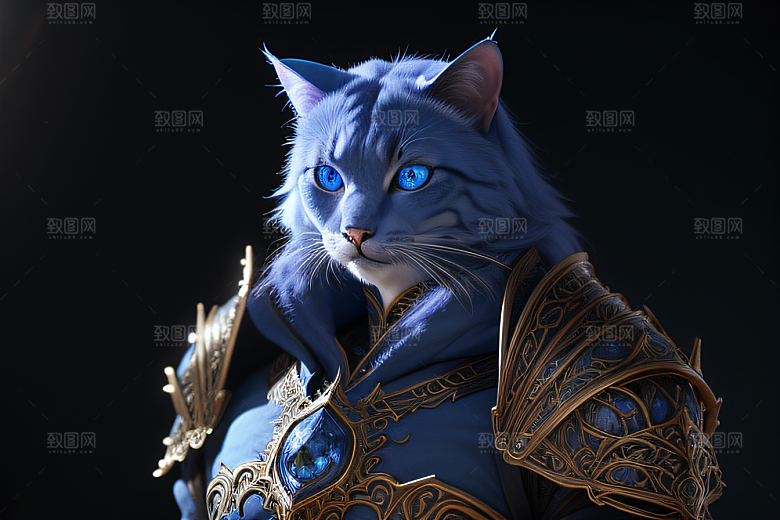 细节盔甲猫王法师蓝眼神秘魔法