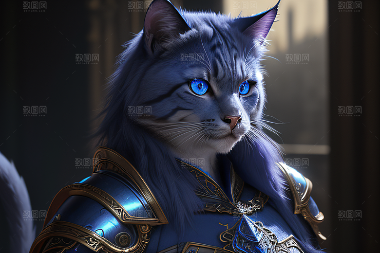 细节盔甲猫王法师蓝眼神秘魔法