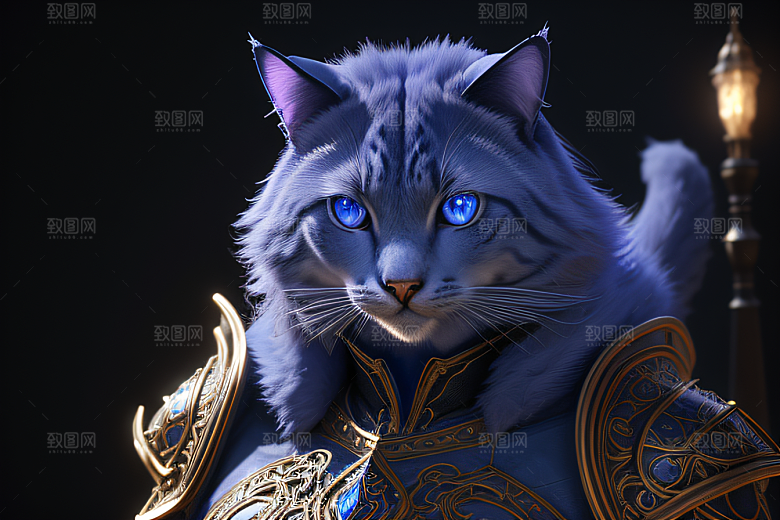 细节盔甲猫王法师蓝眼神秘魔法
