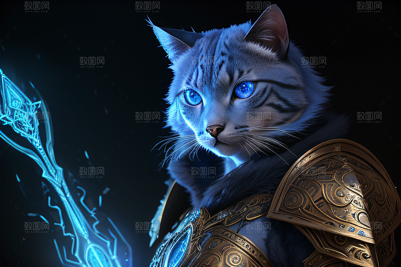 细节盔甲猫王法师蓝眼神秘魔法