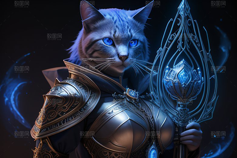 蓝眼神秘法师猫王外貌华丽盔甲