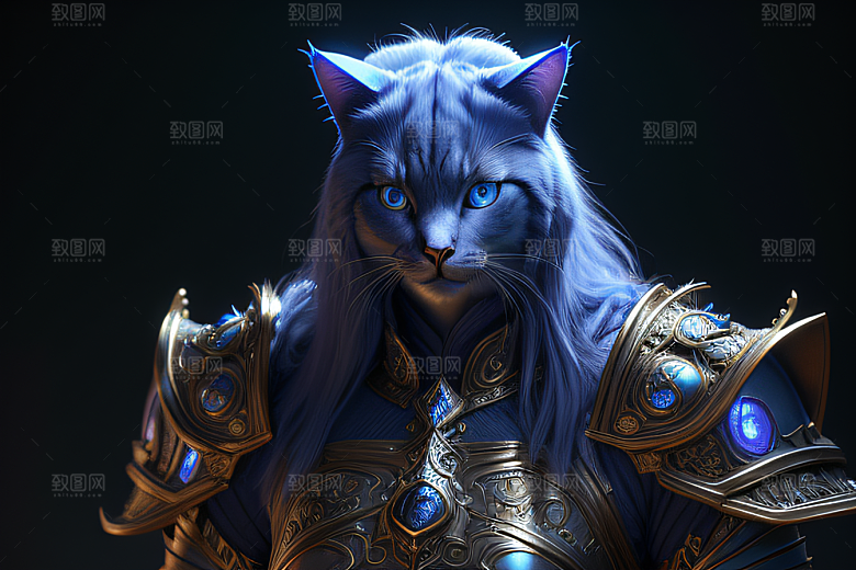 神秘猫法师蓝眼威严盔甲璀璨光影