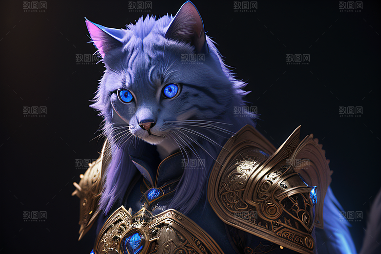 神秘猫法师蓝眼威严盔甲璀璨光影