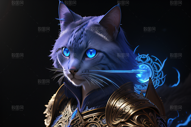 神秘猫法师蓝眼威严盔甲璀璨光影