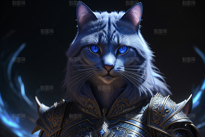 神秘猫法师蓝眼威严盔甲璀璨光影