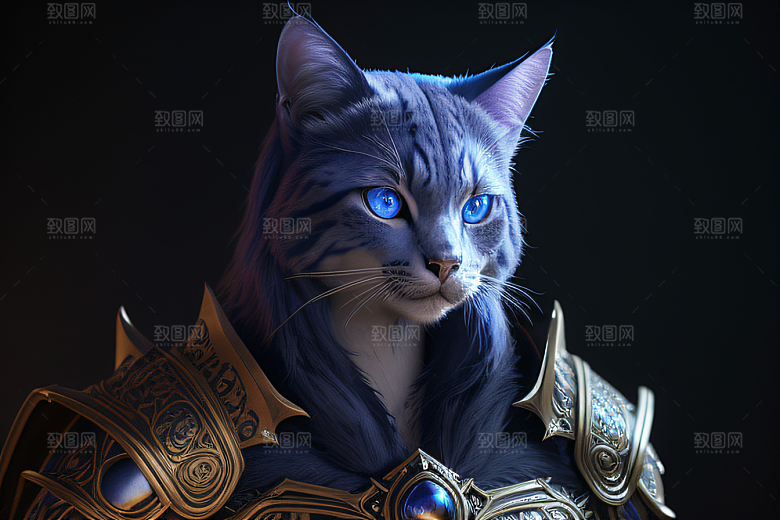 神秘猫法师蓝眼威严盔甲璀璨光影