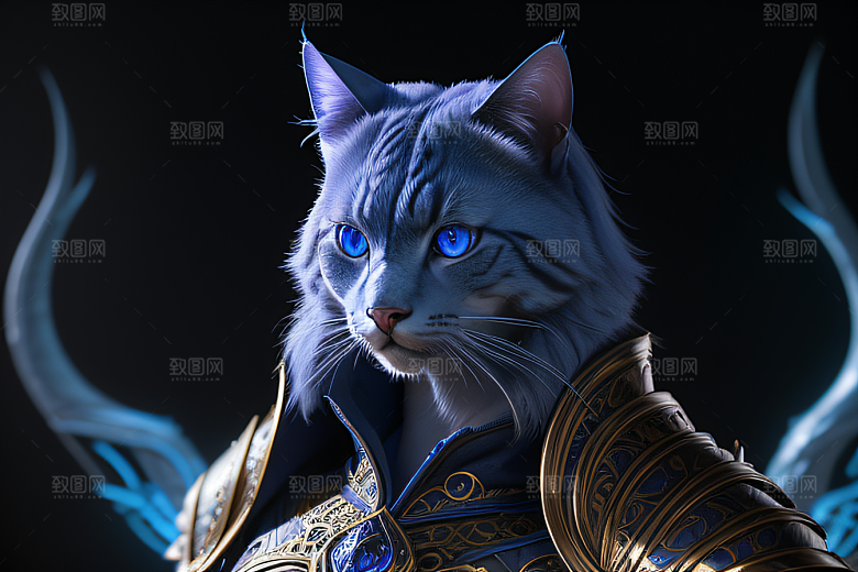 神秘猫法师蓝眼威严盔甲璀璨光影