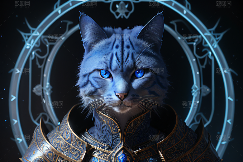 神秘猫法师蓝眼威严盔甲璀璨光影
