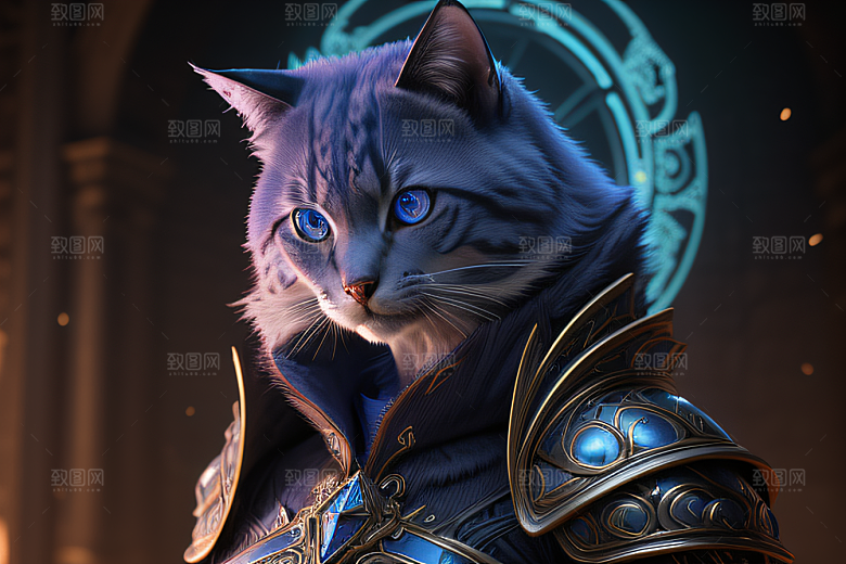 神秘猫法师蓝眼威严盔甲璀璨光影