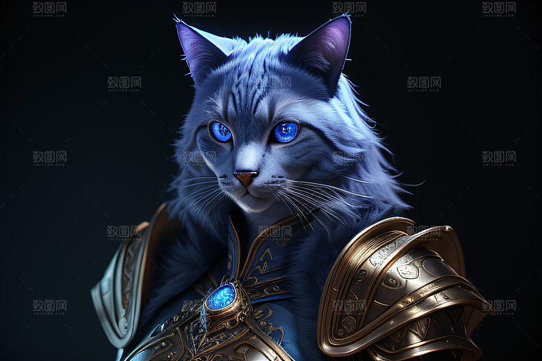 神秘猫法师蓝眼威严盔甲璀璨光影