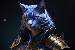神秘猫法师蓝眼威严盔甲璀璨光影