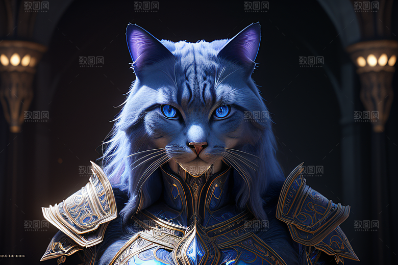 神秘猫法师蓝眼威严盔甲璀璨光影