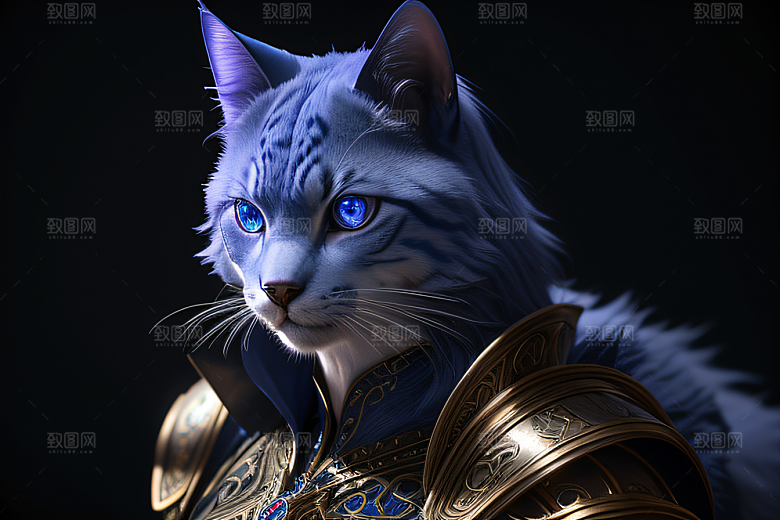 神秘猫法师蓝眼威严盔甲璀璨光影